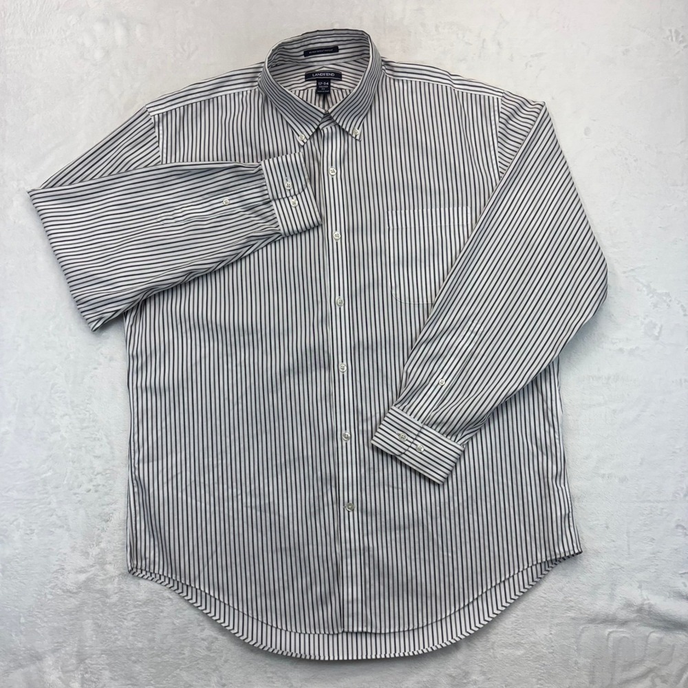 Lands End Mens 17-34 Tailored Fit No Iron Supima Pinpoint Striped Dress Shirt